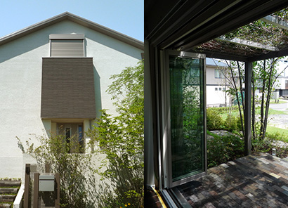 (左）建築と外構を一体的にデザイン。(右)パーゴラに緑化する事でテラス全体に日影を。